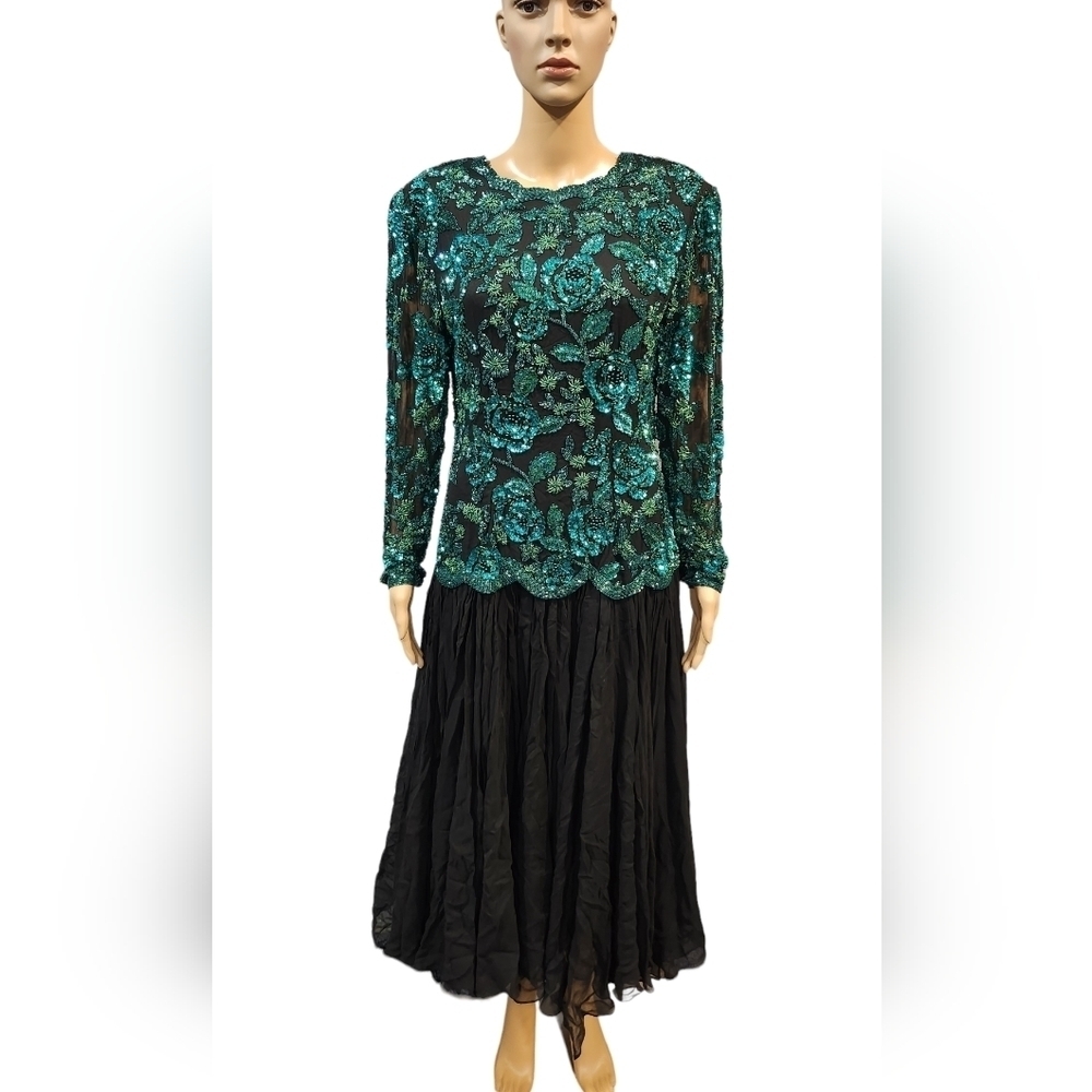 vintage Oleg Cassini women's green black silk beaded layered formal dress M
